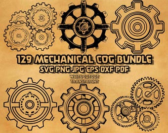 May include: A digital collection of black line art mechanical cog and gear illustrations on a tan background. The text reads 129 MECHANICAL COG BUNDLE SVG PNG JPG EPS DXF PDF WHITE CUTOUT TRANSPARENT. These graphic elements feature various gear designs.