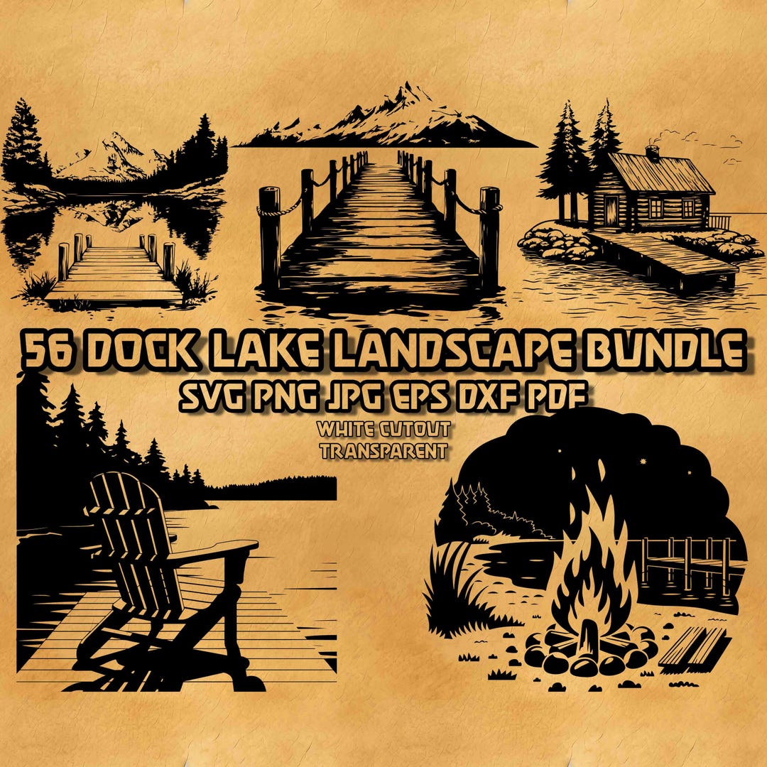 Dock Lake Landscape SVG Bundle: Forest Scene, Fishing Dock, Log Cabin ...