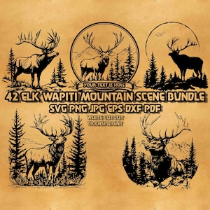 Puede incluir: Una colección de diseños en blanco y negro de alces y escenas de montaña. Los diseños incluyen siluetas de alces, paisajes montañosos y el texto "42 ELK WAPITI MOUNTAIN SCENE BUNDLE SVG PNG JPG EPS DXF PDF".