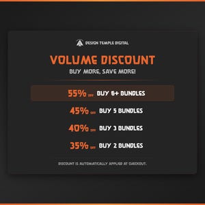 K&ouml;nnte beinhalten: Eine digitale Grafik mit dem Text "VOLUME DISCOUNT" in Orange. Sie bietet Rabatte von bis zu 55 % beim Kauf von Bundles. Die Grafik enth&auml;lt das Logo von Design Temple Digital und den Satz "BUY MORE, SAVE MORE!"