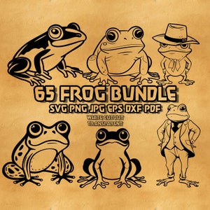 Pode incluir: Um conjunto de 65 ilustrações de sapos em preto e branco. Os sapos estão em várias poses, incluindo sentados, em pé e usando chapéus. O texto "65 Frog Bundle" está escrito em negrito acima dos sapos. O texto "SVG PNG JPG EPS DXF PDF" está escrito abaixo dos sapos. O texto "White Cutout Transparent" está escrito abaixo do texto "SVG PNG JPG EPS DXF PDF".