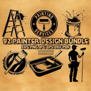 May include: A black and white painter design bundle with a ladder, paint can, paint roller, paint brush, and paint tray. The text reads "PAINTING SERVICES" and "92 PAINTER DESIGN BUNDLE".