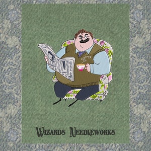 May include: A cartoon illustration of a man sitting in a chair reading a newspaper and drinking tea. The text "Wizards Needleworks" is below the image.