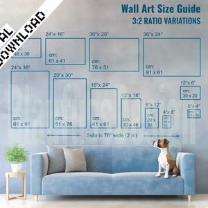 Digital Wall Art Size Guide Featuring Adorable Dog sitting on Sofa, 3-2 Ratio Variants, Instant Download, inch cm, JPG