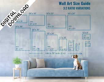 Digital Wall Art Size Guide Featuring Adorable Dog sitting on Sofa, 3-2 Ratio Variants, Instant Download, inch cm, JPG