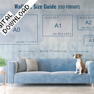 Maattabel voor digitale muurkunst met schattige hond zittend op de bank voor horizontaal ISO-formaat, digitale download, inch cm, JPG