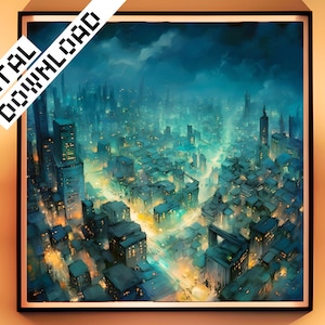 City by Night, Digital Download, Blue & Dark Cyan Color, Sci-Fi Cityscape, Gothic Futurism, Printable Modern Wall Art