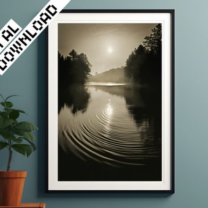 Ethereal Ripples - Still Lake at Full Moon, Black & White Photo, DIGITAL DOWNLOAD, Sepia Moonshine, Printable Art, JPG