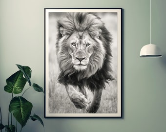 Powerful Lion Running in Savanna - Black & White Wildlife Photo, King of the Jungle Wall Art, 185 gsm, high gloss, US