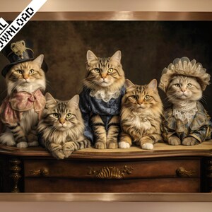 Könnte beinhalten: Ein gerahmtes Gemälde mit vier Katzen, die in Vintage-Kleidung gekleidet sind. Die Katzen sitzen auf einem Holztisch mit verzierten Details. Das Gemälde hat einen braunen Hintergrund und einen goldenen Rahmen.