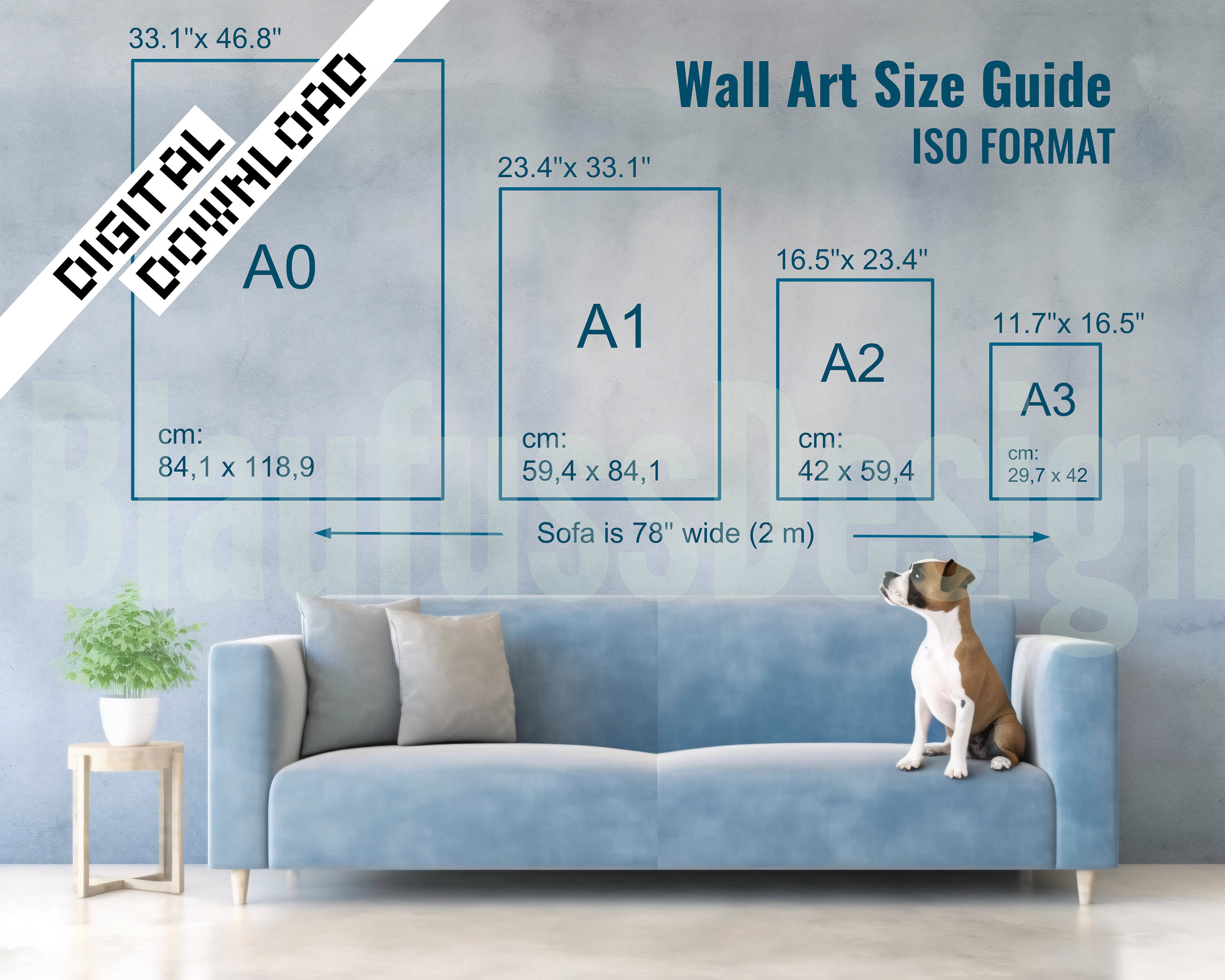 Digital Wall Art Size Guide with Adorable Dog sitting on Sofa, Vertical ISO Format, Instant Download, inch cm, JPG