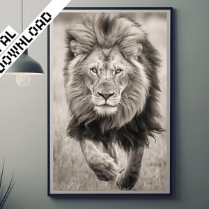 Powerful Lion Running in Savanna - Black & White Wildlife Photo | Roaring King of the Jungle Art | DIGITAL DOWNLOAD, JPG
