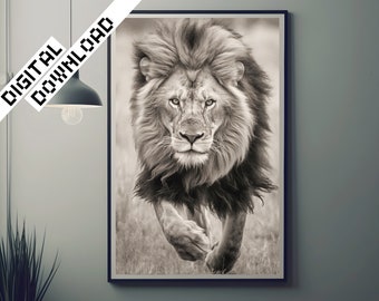 Powerful Lion Running in Savanna - Black & White Wildlife Photo | Roaring King of the Jungle Art | DIGITAL DOWNLOAD, JPG