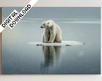 Emotional Polar Bear on Melting Ice - Digital Art Print for Climate Change Awareness - Instant Download, JPG