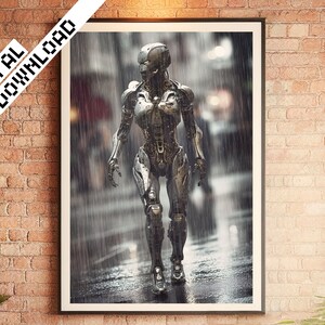 Android Walking in Rain, Digital DOWNLOAD, Cybernetic Sci-Fi Artwork, AI, Futuristic Poster Print, Cyborg Robot Art, JPG