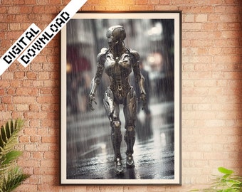 Android Walking in Rain, Digital DOWNLOAD, Cybernetic Sci-Fi Artwork, AI, Futuristic Poster Print, Cyborg Robot Art, JPG