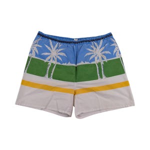 Vintage strandshorts van hoge kwaliteit uit de jaren 90, maat M(L), blauw, groen, geel, palmbomen, schilderachtige print, elastische tailleband, retro zwembroek, surf, esthetiek, festival uit de jaren 90