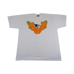 Vintage beste T-shirt maat XL wit 1994 gemaakt in de VS enkele steek Halloween pompoen kat cartoon afbeelding jaren 90 Fruit of the Loom retro-T-shirt