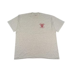 Könnte beinhalten: Ein meliertes graues Kurzarm-T-Shirt mit Rundhalsausschnitt. Das Shirt hat ein weinrotes Emblem auf der linken Brust mit den Worten "Friends Academy" und "Summer Program" in einem kreisförmigen Design. Das T-Shirt ist aus weichem, bequemem Material.