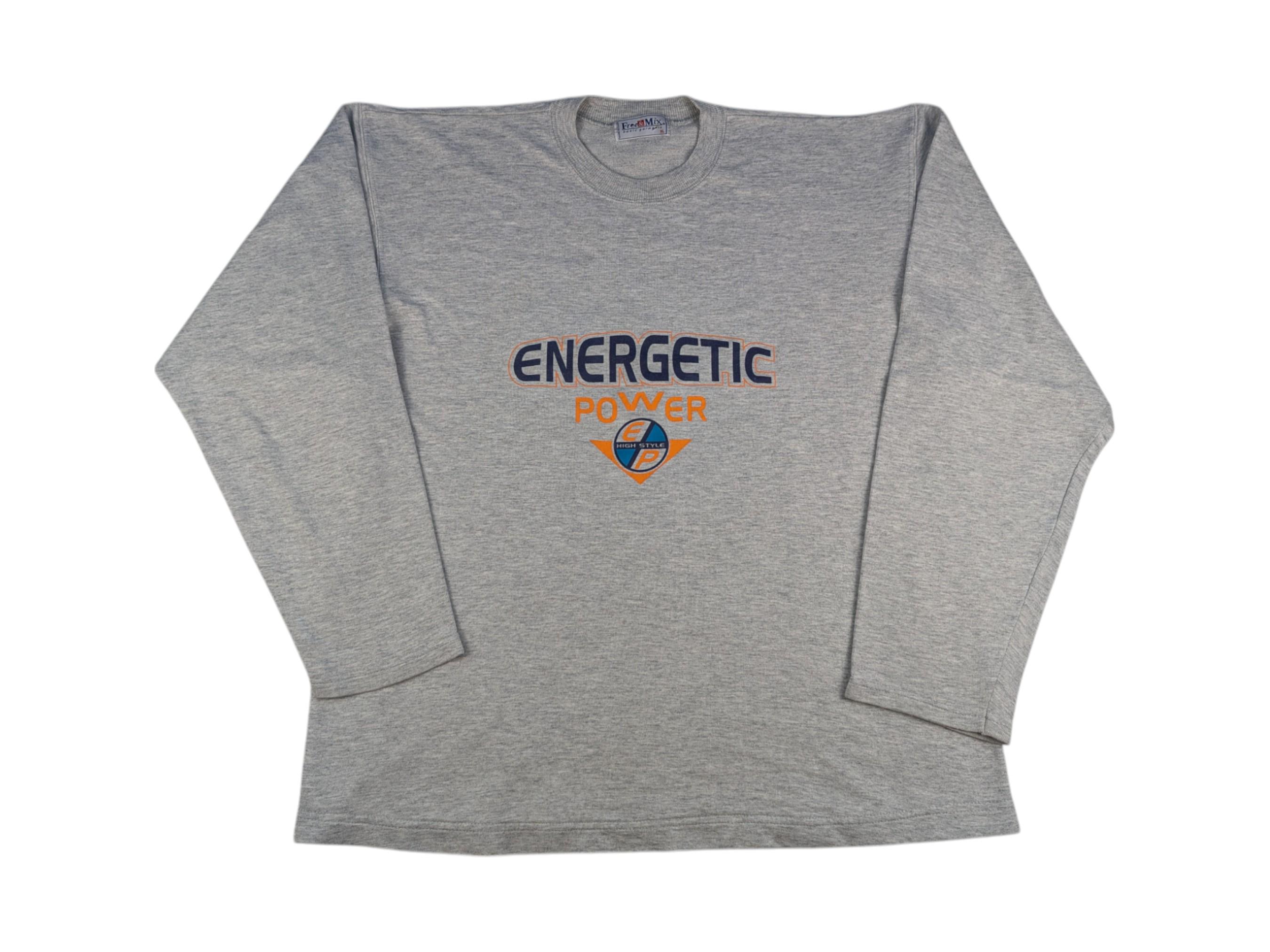 2000er Energetic Power Langarmshirt Grau XL Vintage Activewear Baumwollmix Retro Schriftzug Unisex Y2K Vintage Sweatshirt Sweater
