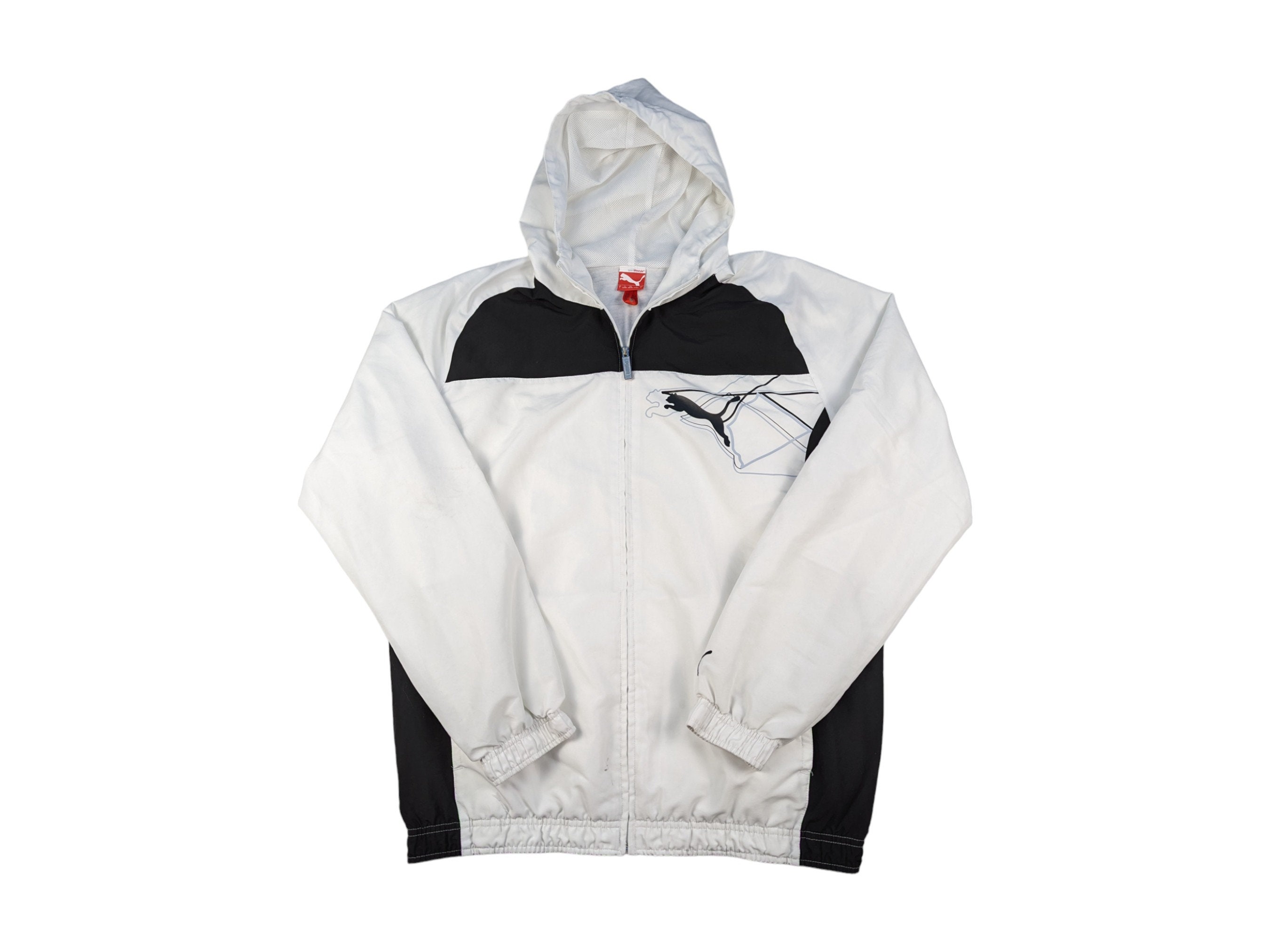 2000s Puma Windbreaker Jacket L White Black Hood Lightweight Mesh Lining Vintage Look Logo Sport Retro Style Breathable Outdoor