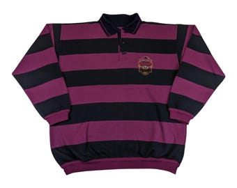 1990s Grizzly Italy True Vintage Sweatshirt Size L Burgundy Black Stripe Look Logo Embroidery Polo Style Vintage Pullover