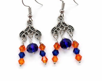 Pendientes de aficionado al deporte en naranja y azul - Joyería Spirit Wear, pendientes colgantes de cuentas