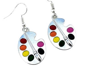 Paint Pallet Dangle Earrings  - Enameled Silver Jewelry | Artist Gift, Creative Earrings, Colorful Painter Jewelry