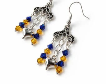 Joyería para aficionados al deporte: regalo ideal para mujeres, pendientes azules y dorados con el espíritu del equipo.