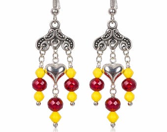 Pendientes brillantes para el día del partido: joyería para fiestas previas al partido con los colores del equipo, rojo y amarillo, regalo deportivo para ella, artículos para aficionados al fútbol.