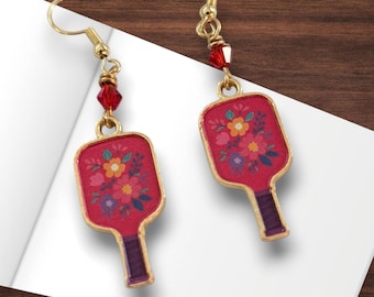 Pendientes con forma de pala de pickleball - Joyería colgante de esmalte floral, regalo de pickleball para mujer
