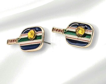 Pendientes de botón con forma de pala de pickleball - Esmalte a rayas con diamantes de imitación, joyería de pickleball