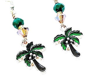 Pendientes de palmera esmaltados - Pendientes colgantes tropicales, joyería de cristal para cruceros, regalo para mujer
