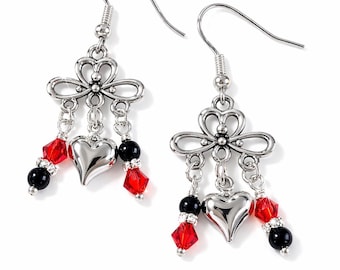 Pendientes colgantes rojos y negros - Joyería de equipo deportivo, colores del equipo, regalo para mujer