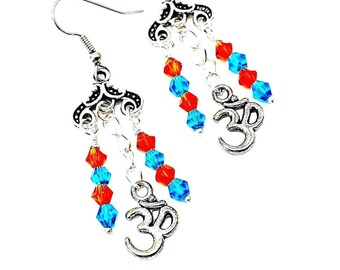 Om Earrings -Turquoise & Orange Crystal Yoga Jewelry, Gift for Yoga Instructor, Spiritual Jewelry