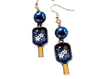 Pendientes colgantes con diseño floral de pala de pickleball - Joyería de pickleball, regalo de pickleball para ella
