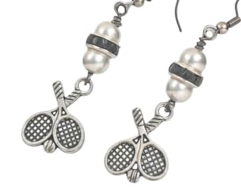 Pendientes con forma de raqueta de tenis: aleación de plata, perlas y diamantes de imitación.