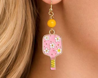 Pendientes rosas de pickleball - Charm de pala de margarita, joyería deportiva, regalo de pickleball
