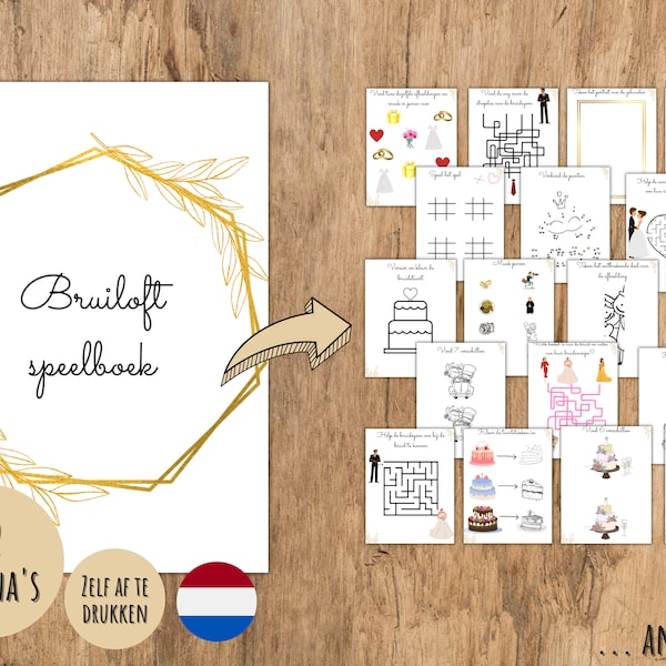 Zelf af te drukken Bruiloft speelboek, Size A4, Kinderen Bruiloft spelboek, Kleurboek, Gouden, Dutch, Printable download