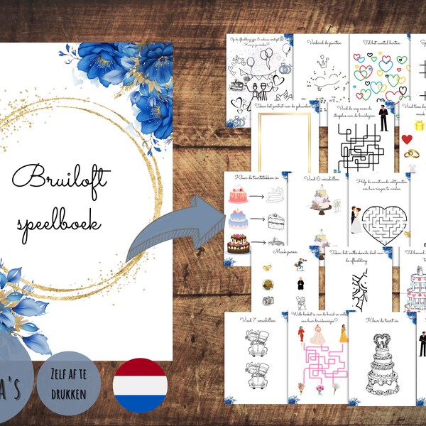 Bruiloft speelboek, Zelf af te drukken Size A4, Kinderen kleurboek bruiloft, huwelijk, Kleurboek, Blauwe blomen, Dutch, afdrukbare download