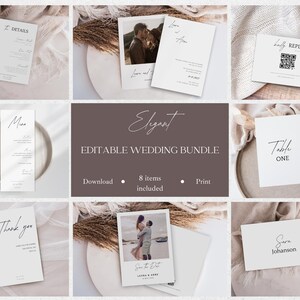 Wedding Bundle Invitation | Editable | Customizable Invitation, Save the date, Menu, Name Cards, Table number | Minimalist | Canva Template