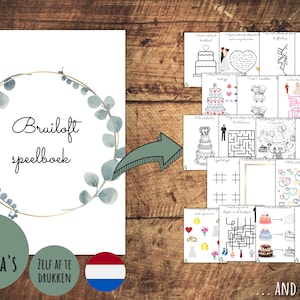 Bruiloft speelboek, Zelf af te drukken Tamaño A4, Kinderen kleurboek bruiloft, huwelijk, Eucalipto, Holandés, Descarga imprimible