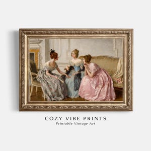 Three Victorian Women Oil Painting, Printable Vintage Art Print, Elegant Gossip Girls, Antique British Wall Decor, Instant DIGITAL DOWNLOAD