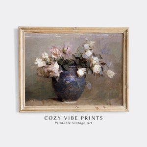 Vintage Flower Oil Painting, Printable Wall Art, Floral Still Life Farmhouse Decor, Antique Rustic Roses European Print, DIGITAL DOWNLOAD