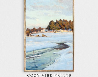 May include: A vintage painting of a snowy landscape with a winding river. The river is partially frozen, with patches of open water reflecting the sky. The trees in the background are a dark green, and the sky is a pale blue with wispy clouds.