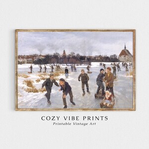 Winter Ice Skating Painting Print, Printable Vintage Wall Art, Rustic Cozy Home Decor, Perfect Holiday Gift, DIGITAL DOWNLOAD