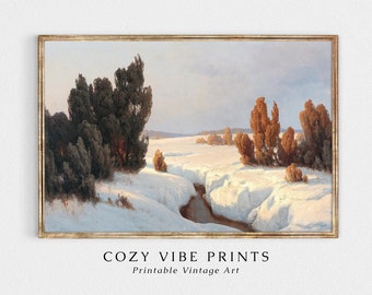 Impresión vintage de paisaje invernal: Arte rural nevado (descarga digital)