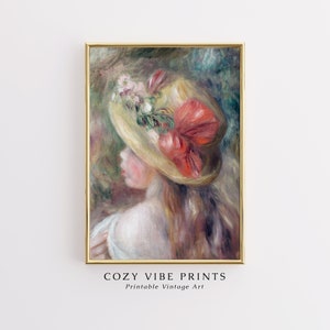 Woman Portrait Oil Painting, Vintage Printable Wall Art Print, Victorian Young Girl With Hat, Antique Romantic Home Decor, DIGITAL DOWNLOAD