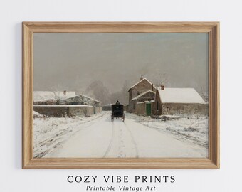 May include: A vintage painting depicting a snowy landscape with a horse-drawn carriage travelling down a road towards a small village. The houses are covered in snow and the sky is a muted grey.