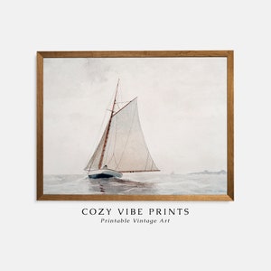Muted Watercolor Sailboat Painting, Aesthetic Neutral Colors, Vintage Printable Seascape Wall Art, Antique Nautical Print, DIGITAL DOWNLOAD